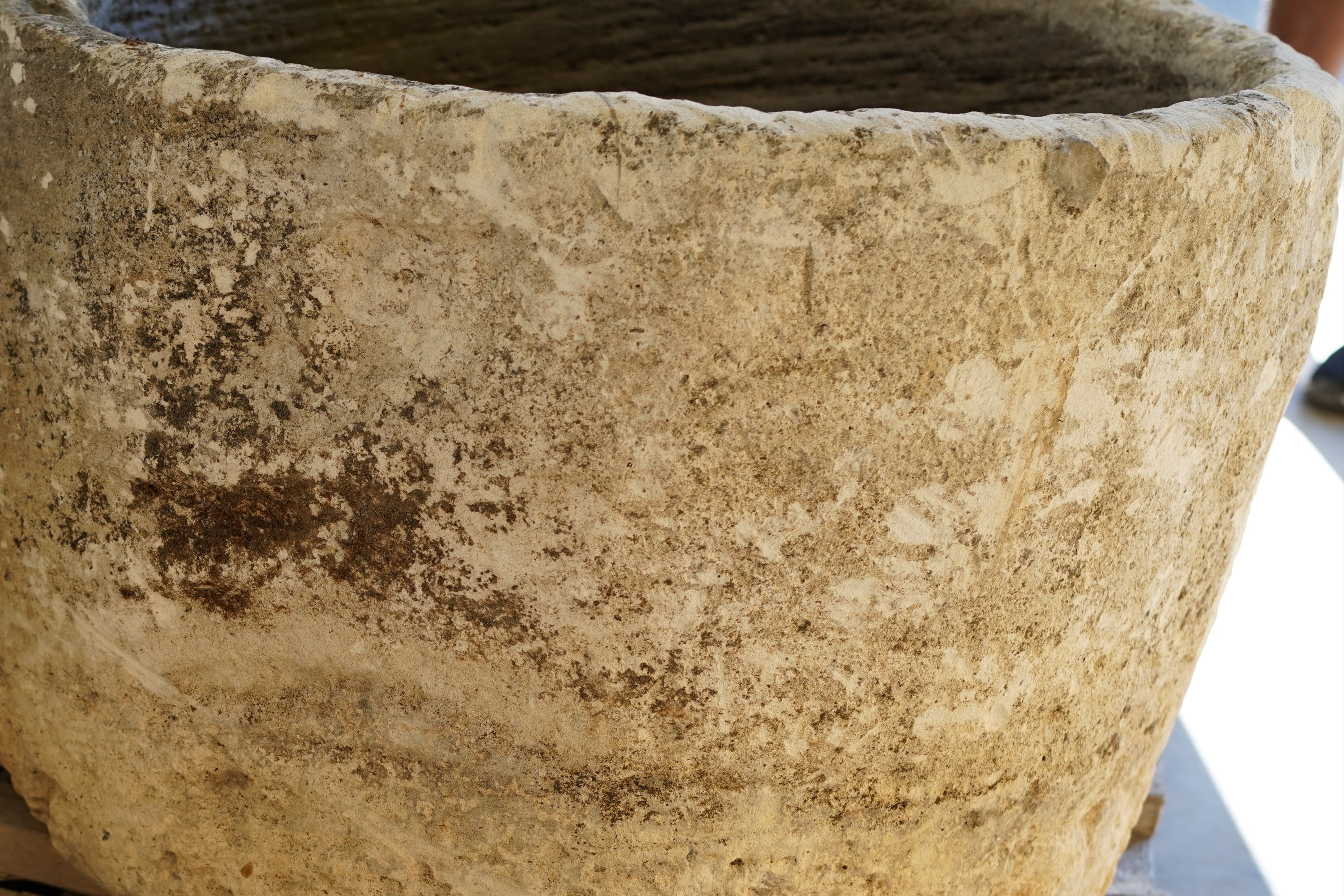 Close up of natural patina and aging on Round Limestone Antique Planter hand carve 28" H x 21" W