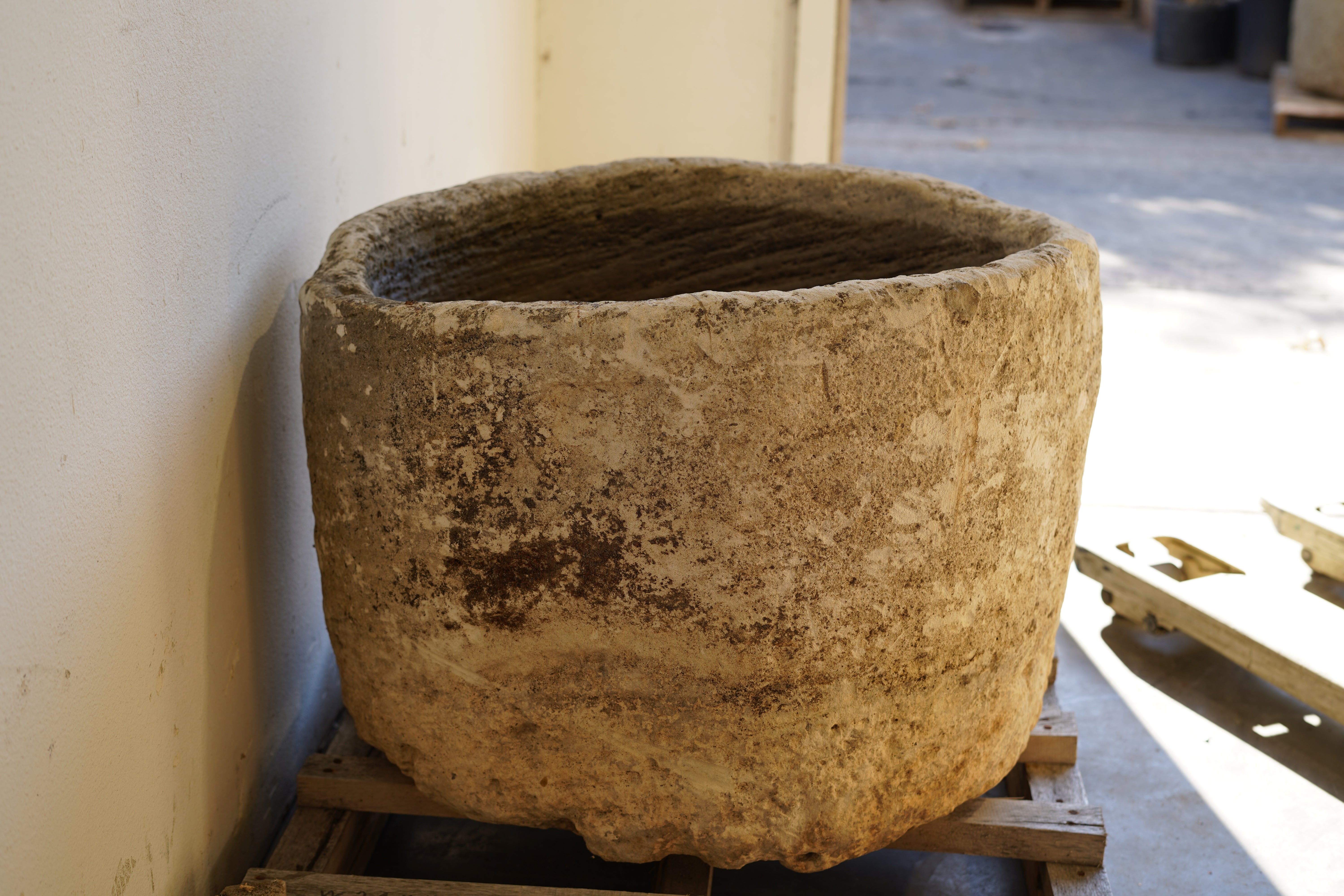 Round Limestone Antique Planter hand carve 28" H x 21" W. Indirect sunlight 