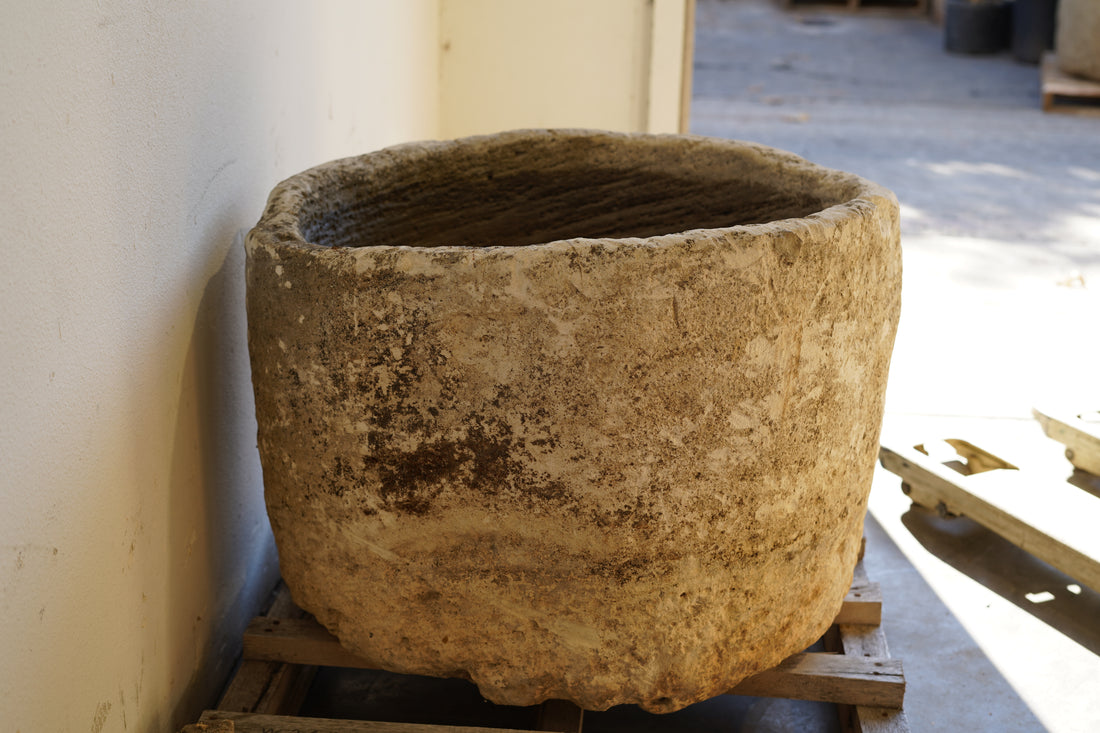 Round Limestone Antique Planter hand carve 28" H x 21" W. Indirect sunlight 