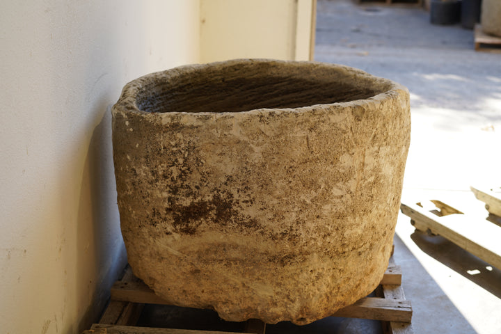 Round Limestone Antique Planter hand carve 28" H x 21" W. Indirect sunlight 