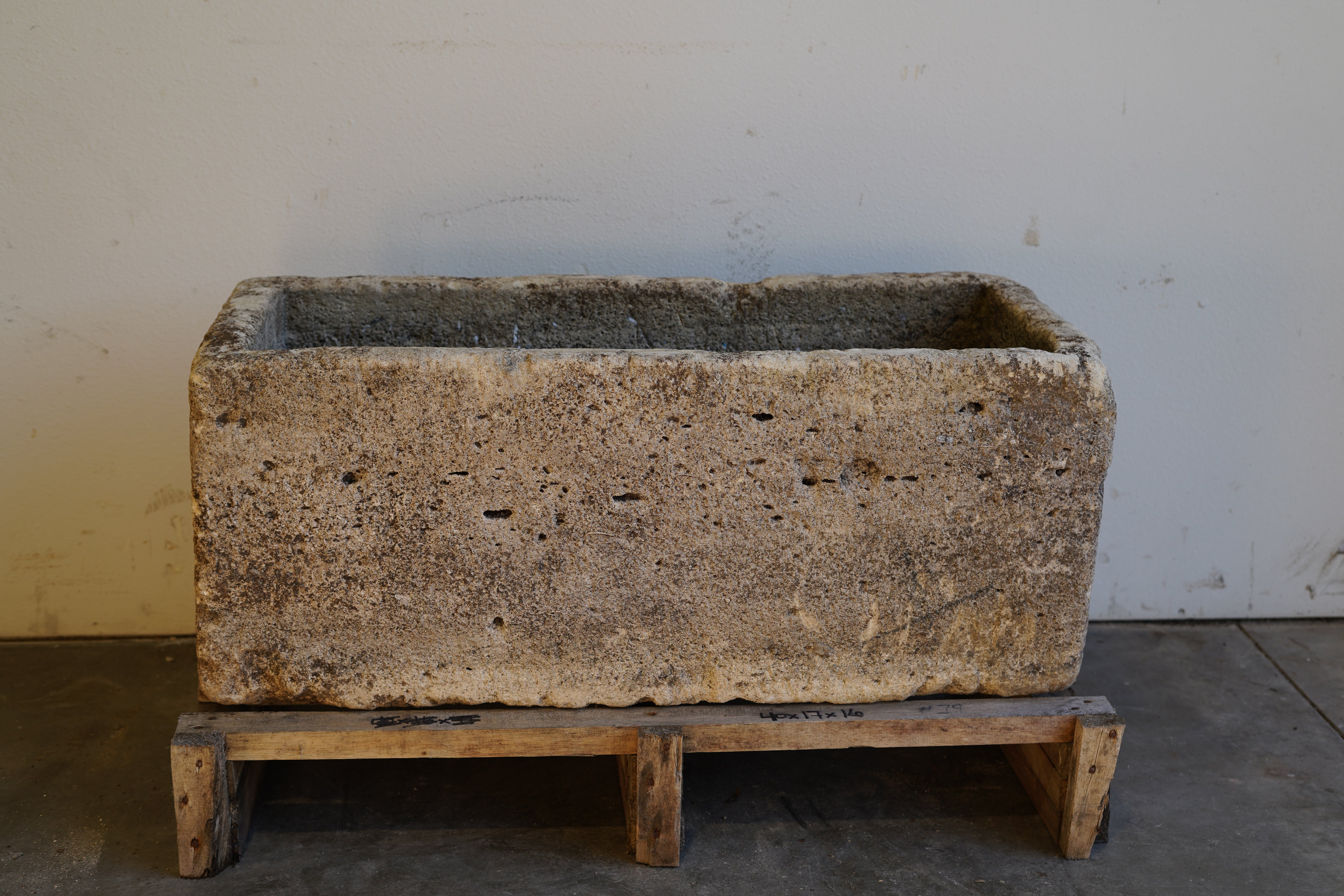 Back view of Antique Authentic Limestone Rectangular Square Planter 40" L x 17" W x 16" H with natural Patina and aging.