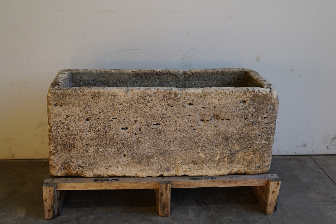 Back view of Antique Authentic Limestone Rectangular Square Planter 40" L x 17" W x 16" H with natural Patina and aging.