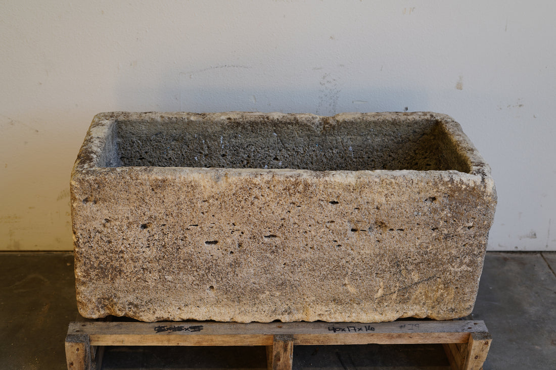 Back view of Antique Authentic Limestone Rectangular Square Planter 40" L x 17" W x 16" H with natural Patina in indoor lighting.