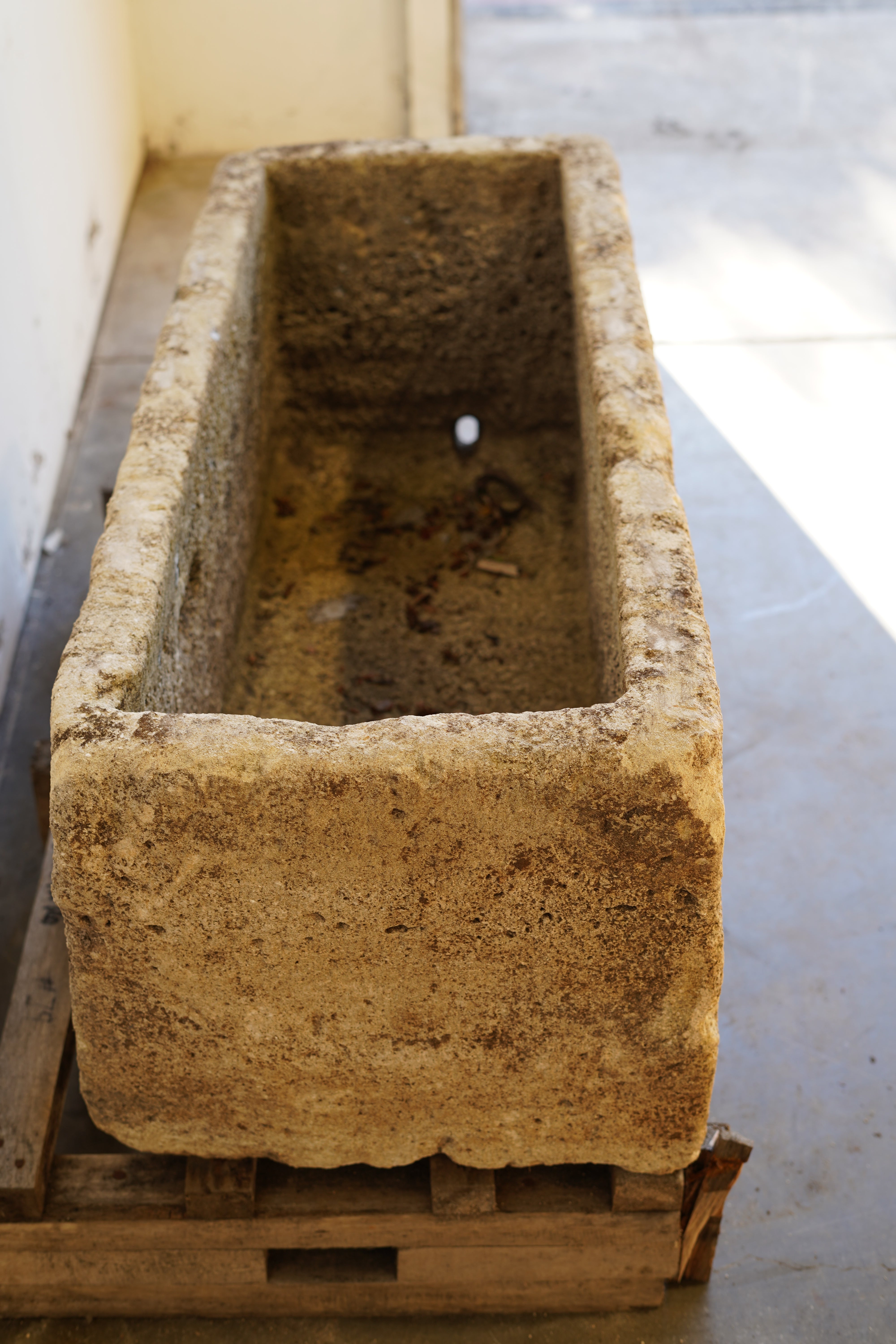 Top and side view of Antique Authentic Limestone Rectangular Square Planter 40" L x 17" W x 16" H with natural Patina and aging.