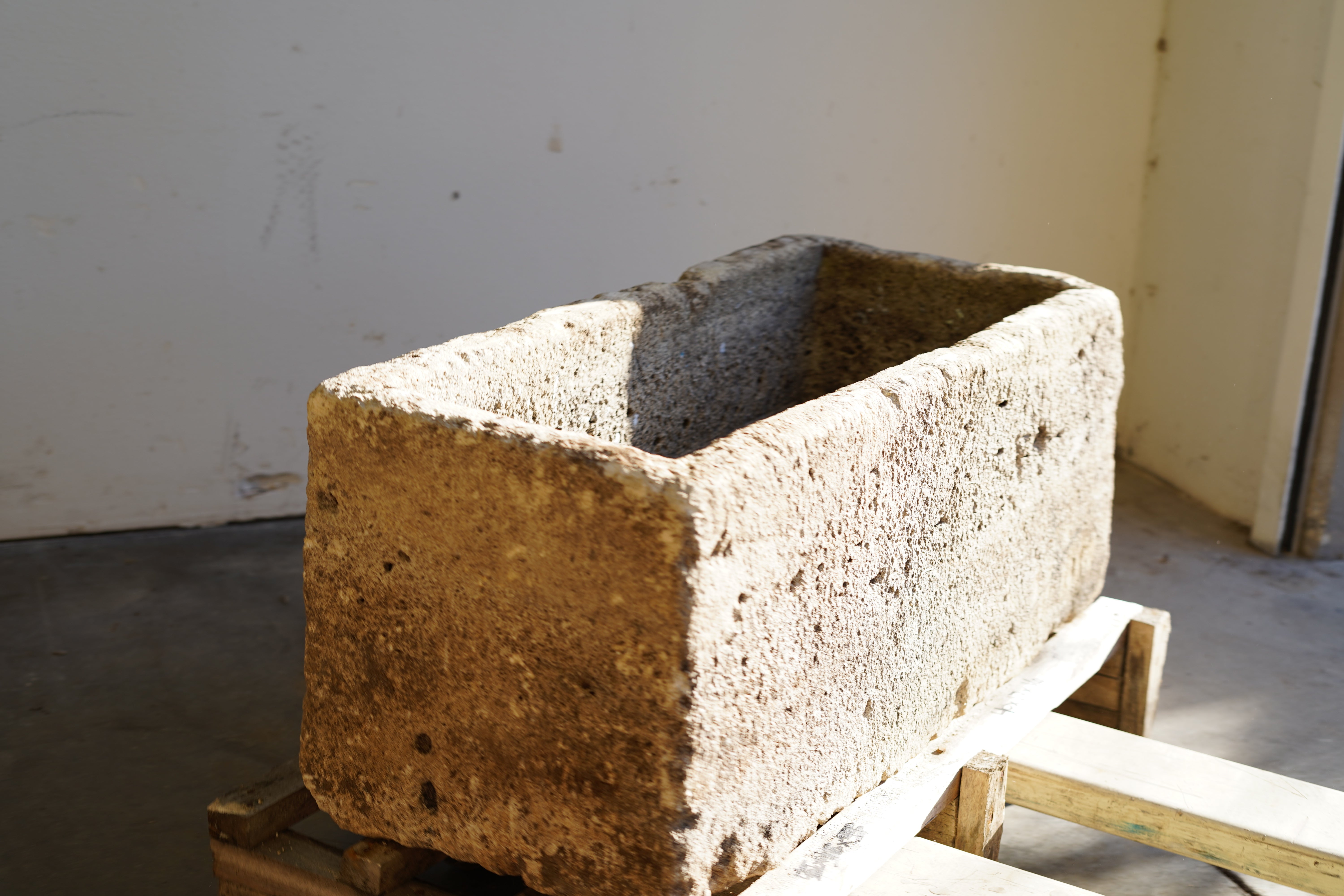Antique Authentic Limestone Rectangular Square Planter 40" L x 17" W x 16" H with natural Patina in natural sunlight.