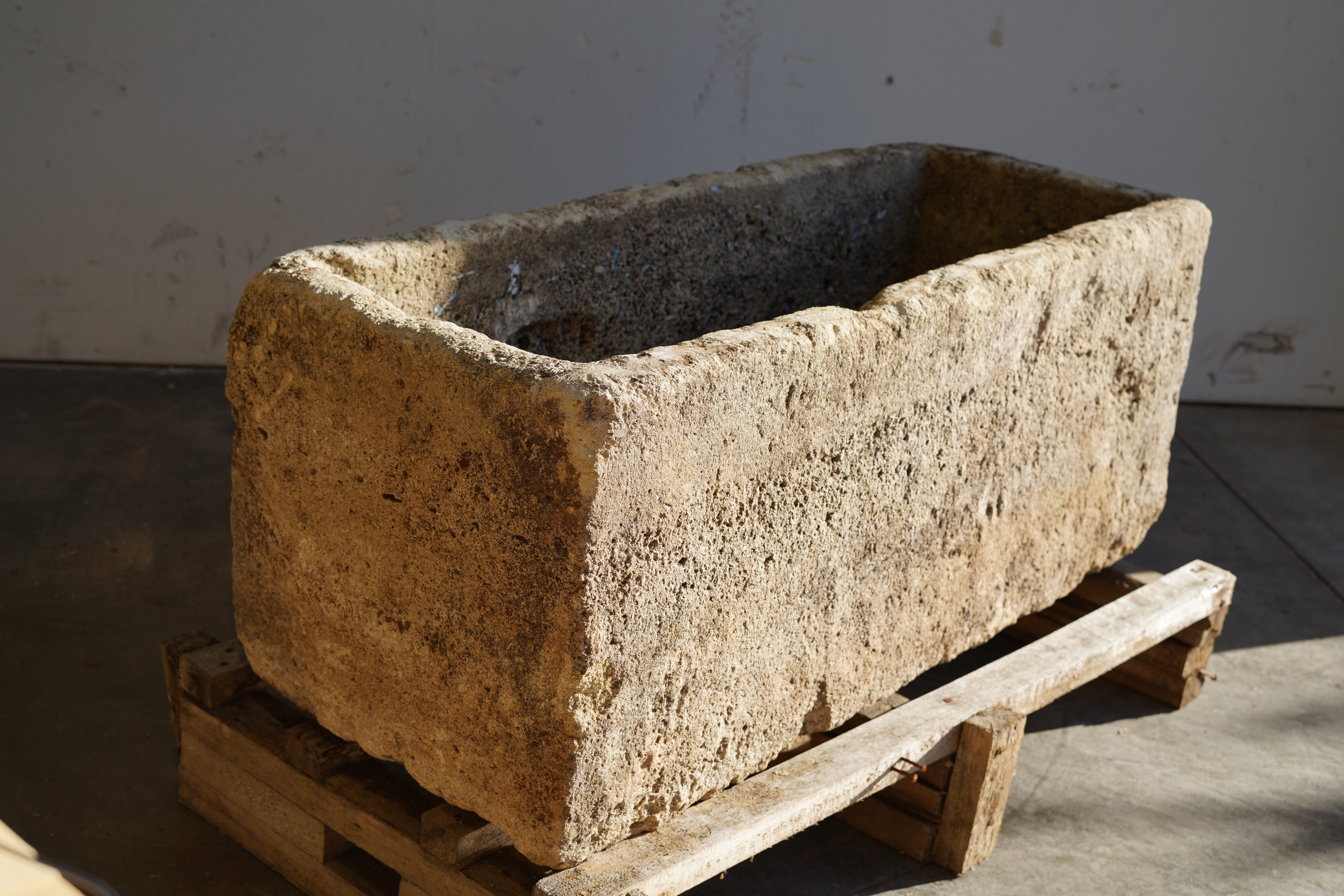Antique Authentic Limestone Rectangular Square Planter 40" L x 17" W x 16" H with natural Patina in natural sunlight.
