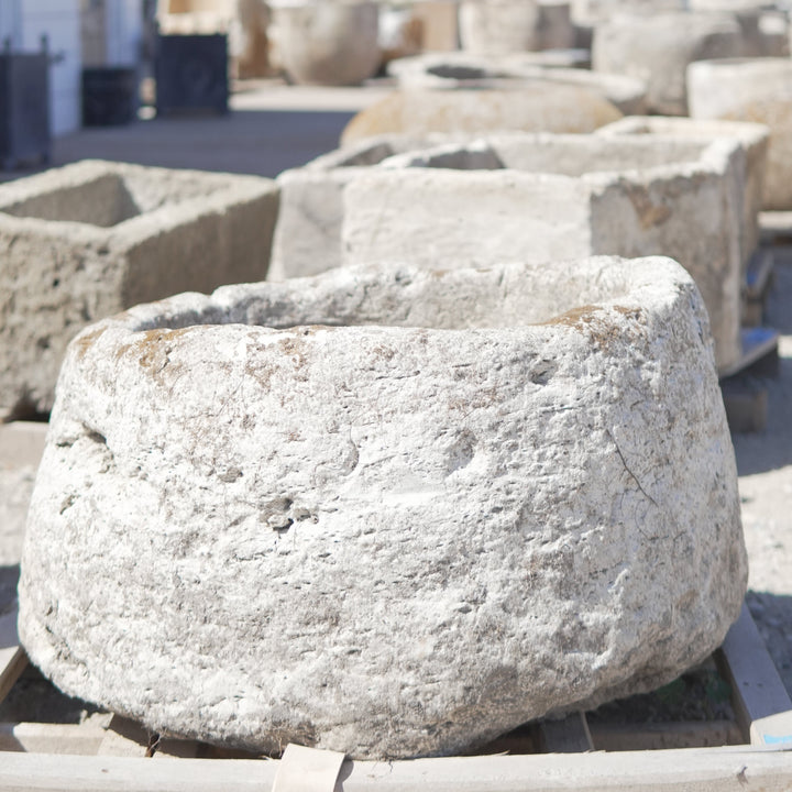 Vintage Limestone Trough (16 Inches Height x 29 Inches Round) - Trouvaille Imports