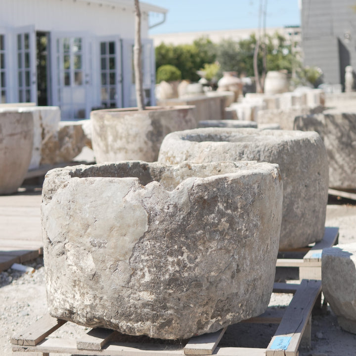 Antique Limestone Trough (19 Inches Height x 30.5 Inches Round) - Trouvaille Imports