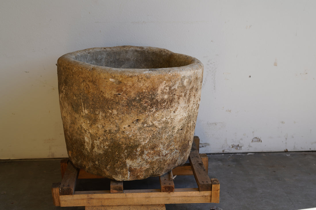 Antique Limestone Round Planter - 23" H x 29" W - Trouvaille Imports