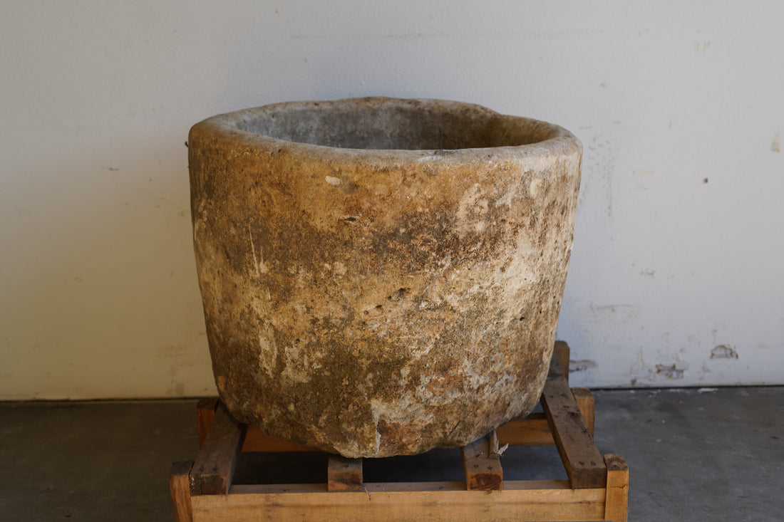 Antique Limestone Round Planter - 23" H x 29" W - Trouvaille Imports