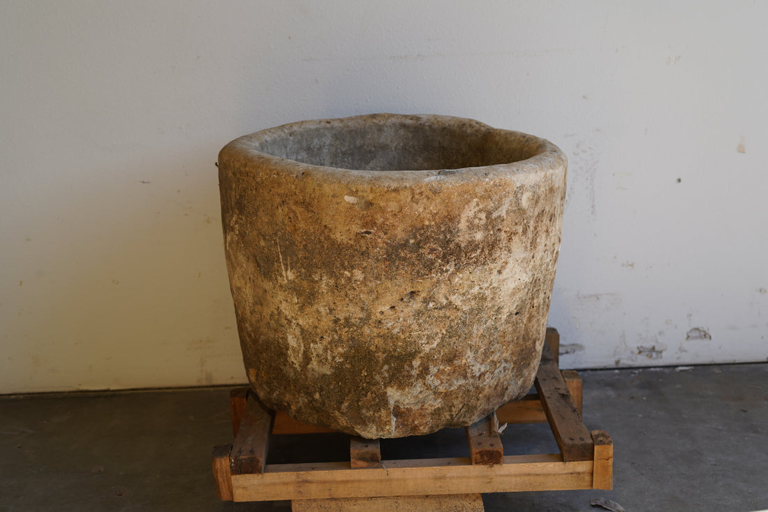Antique Limestone Round Planter - 23" H x 29" W - Trouvaille Imports