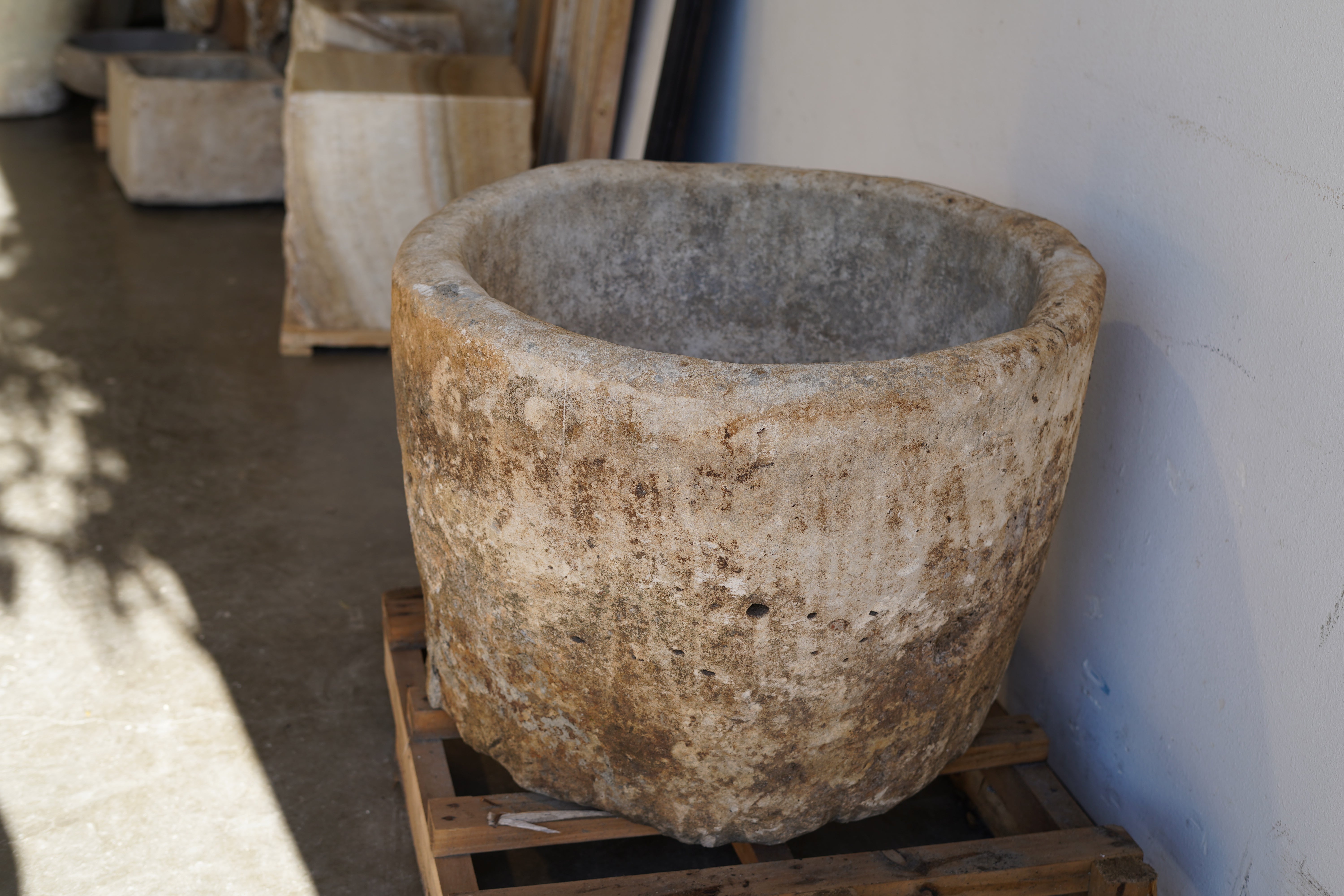 Antique Limestone Round Planter - 23" H x 29" W - Trouvaille Imports