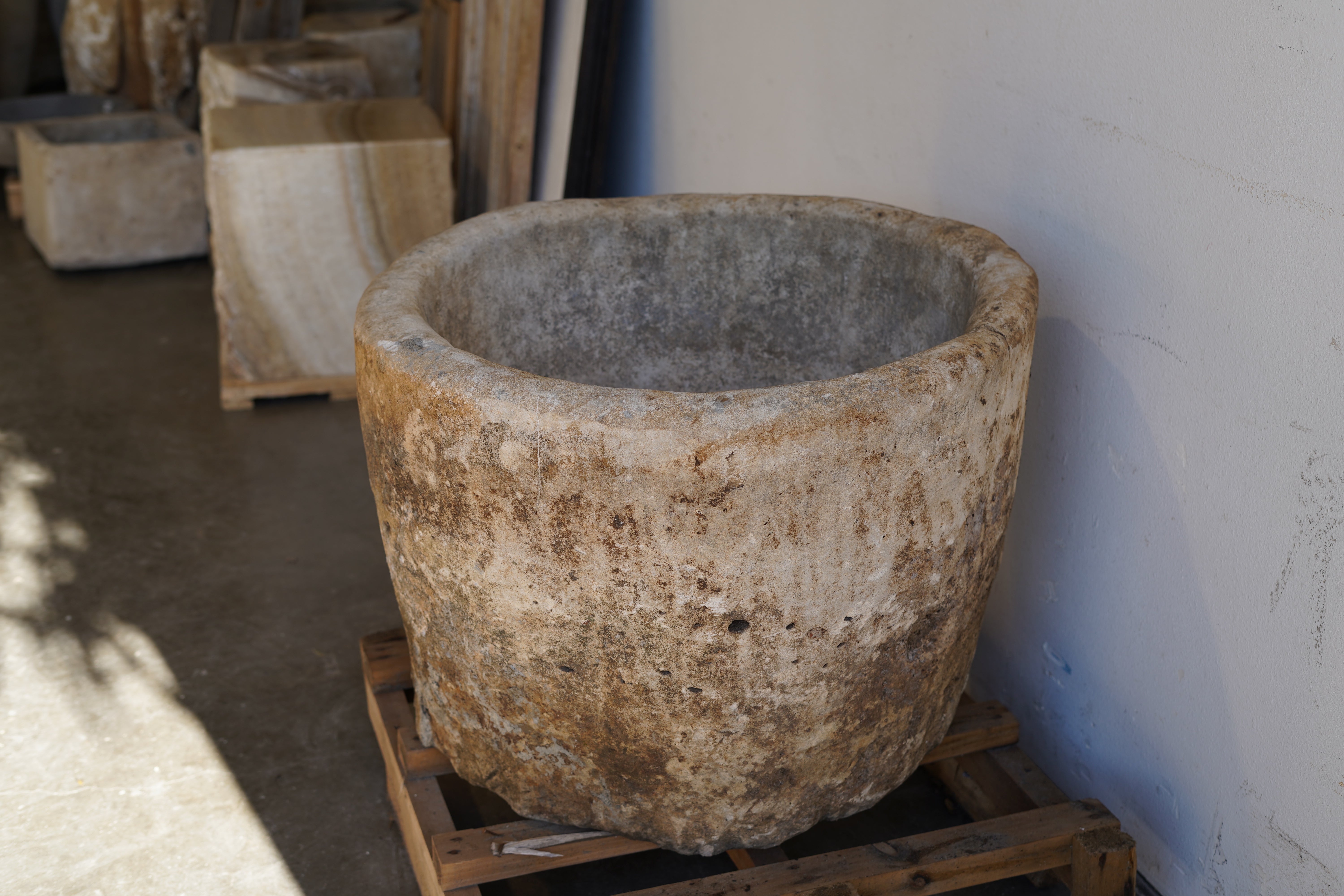 Antique Limestone Round Planter - 23" H x 29" W - Trouvaille Imports