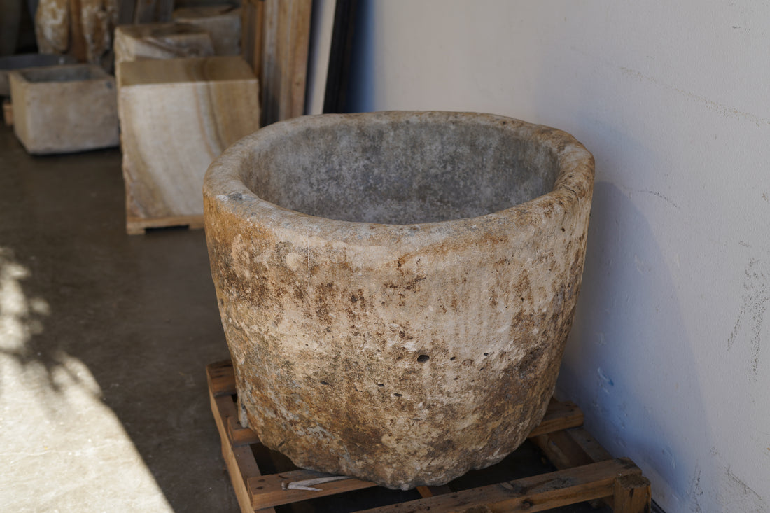 Antique Limestone Round Planter - 23" H x 29" W - Trouvaille Imports