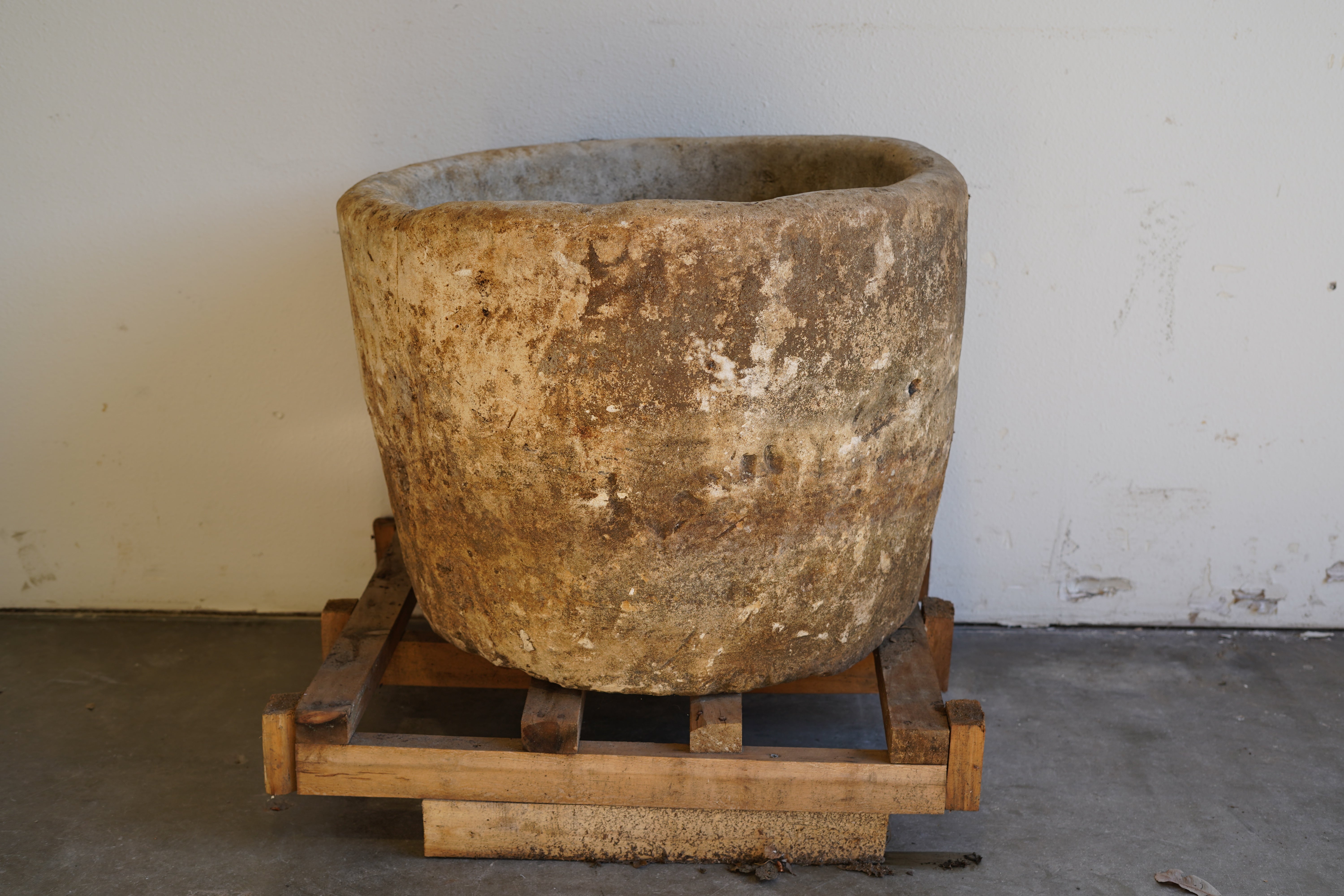 Antique Limestone Round Planter - 23" H x 29" W - Trouvaille Imports