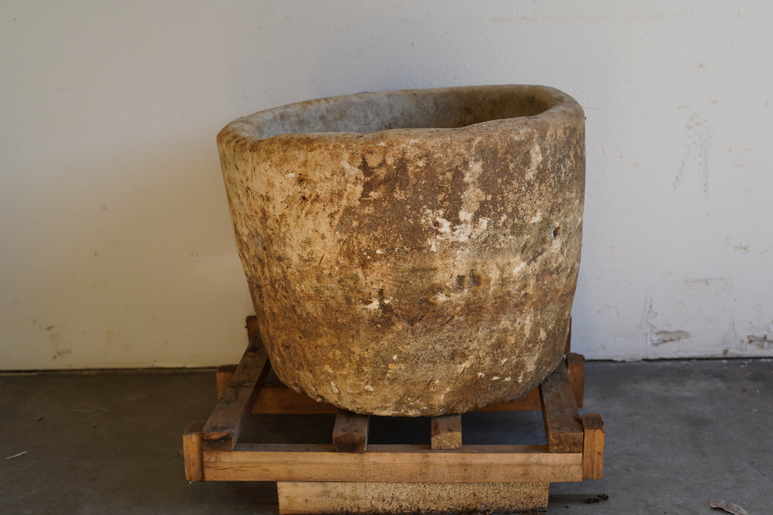 Antique Limestone Round Planter - 23" H x 29" W - Trouvaille Imports