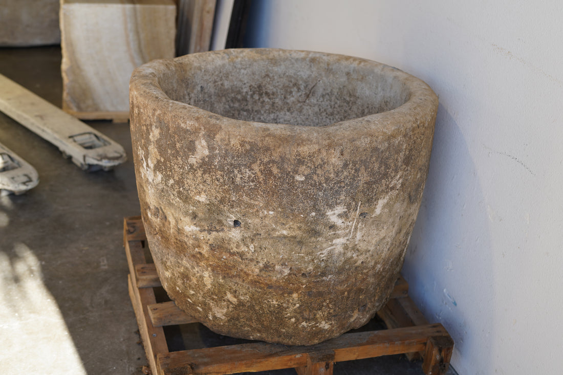 Antique Limestone Round Planter - 23" H x 29" W - Trouvaille Imports