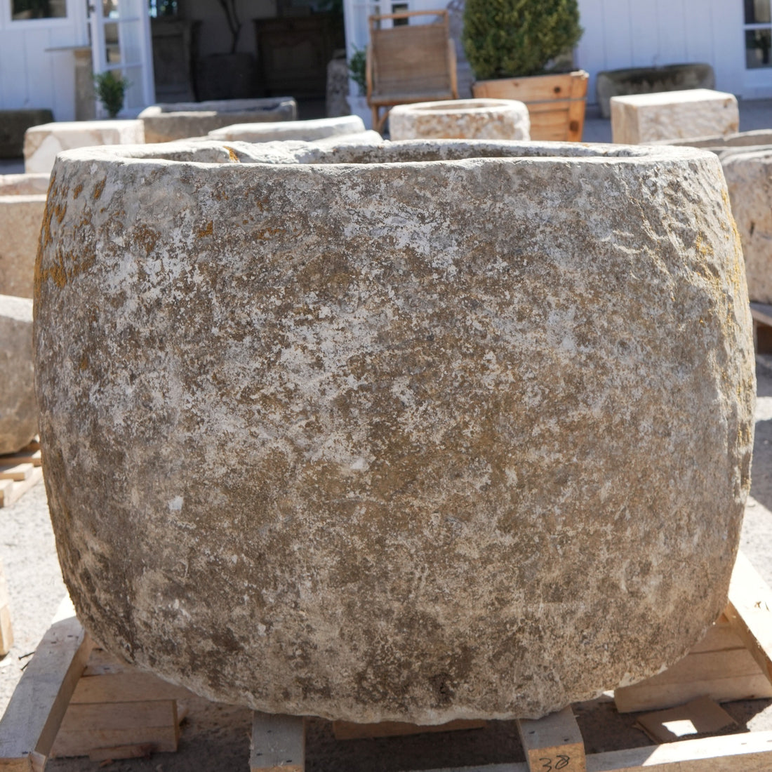 Antique Limestone Trough - 26" H x 33" R - Trouvaille Imports