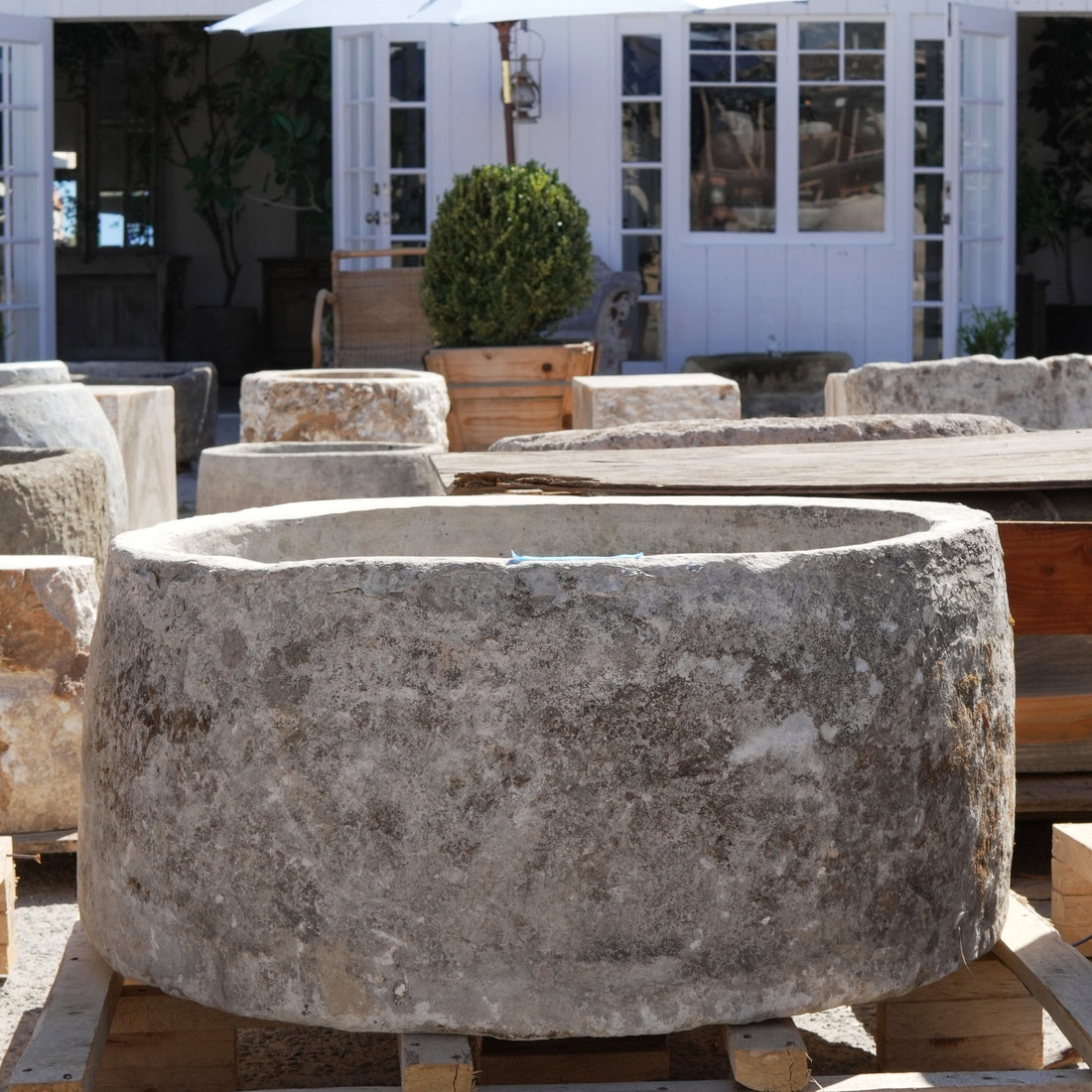 Antique Limestone Trough - 16" H x 34" R - Trouvaille Imports