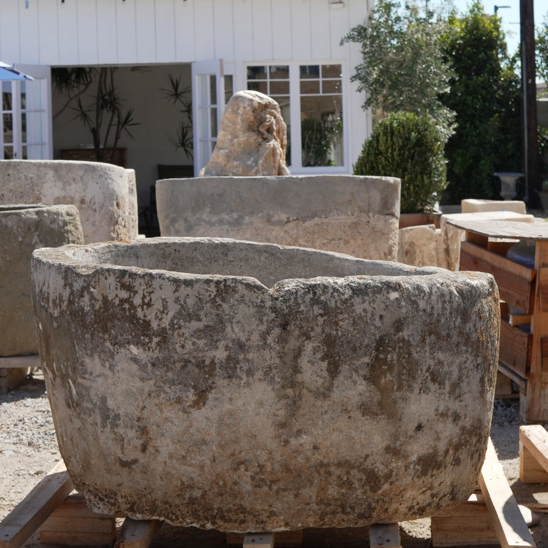 Antique Limestone Trough - 22" H x 42" R - Trouvaille Imports
