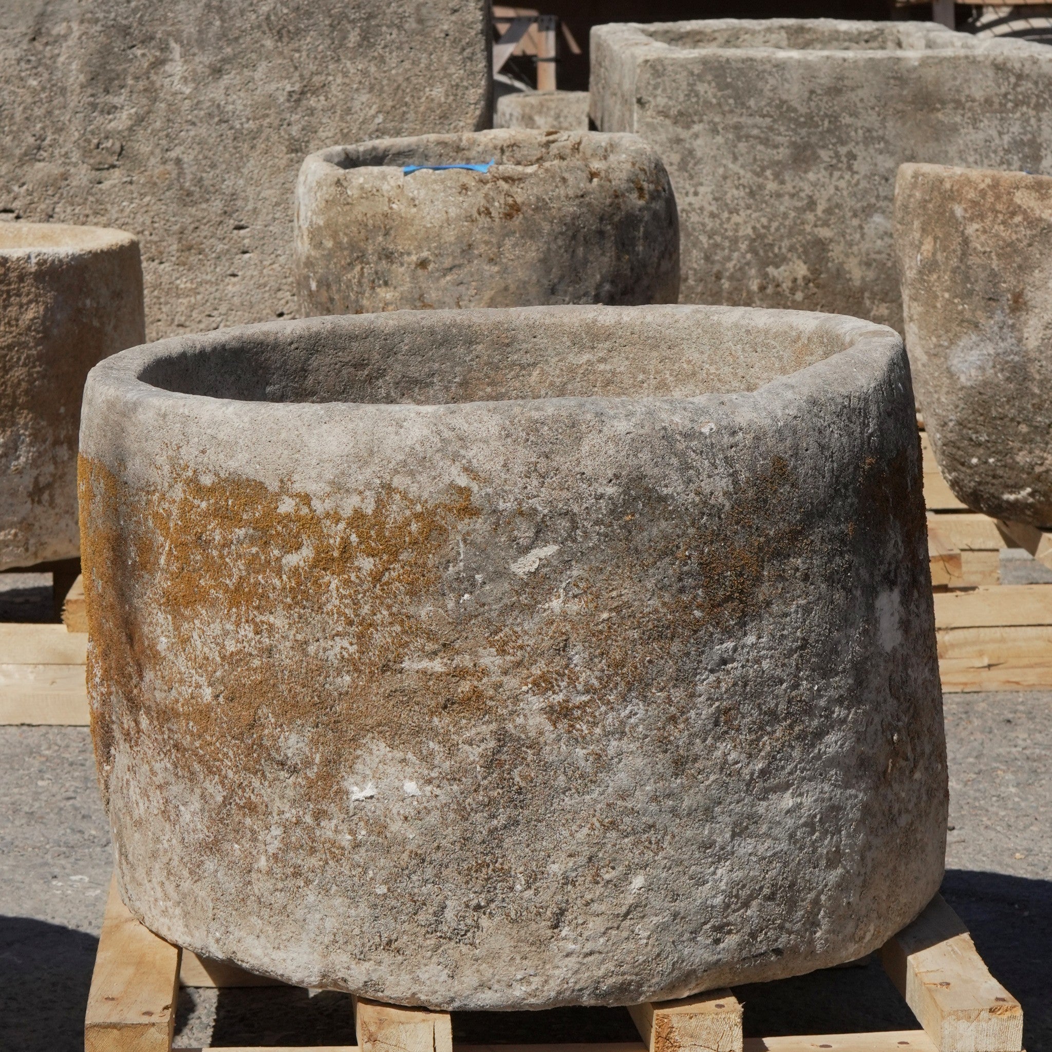 Antique Limestone Trough - 16" H x 23.5" R - Trouvaille Imports
