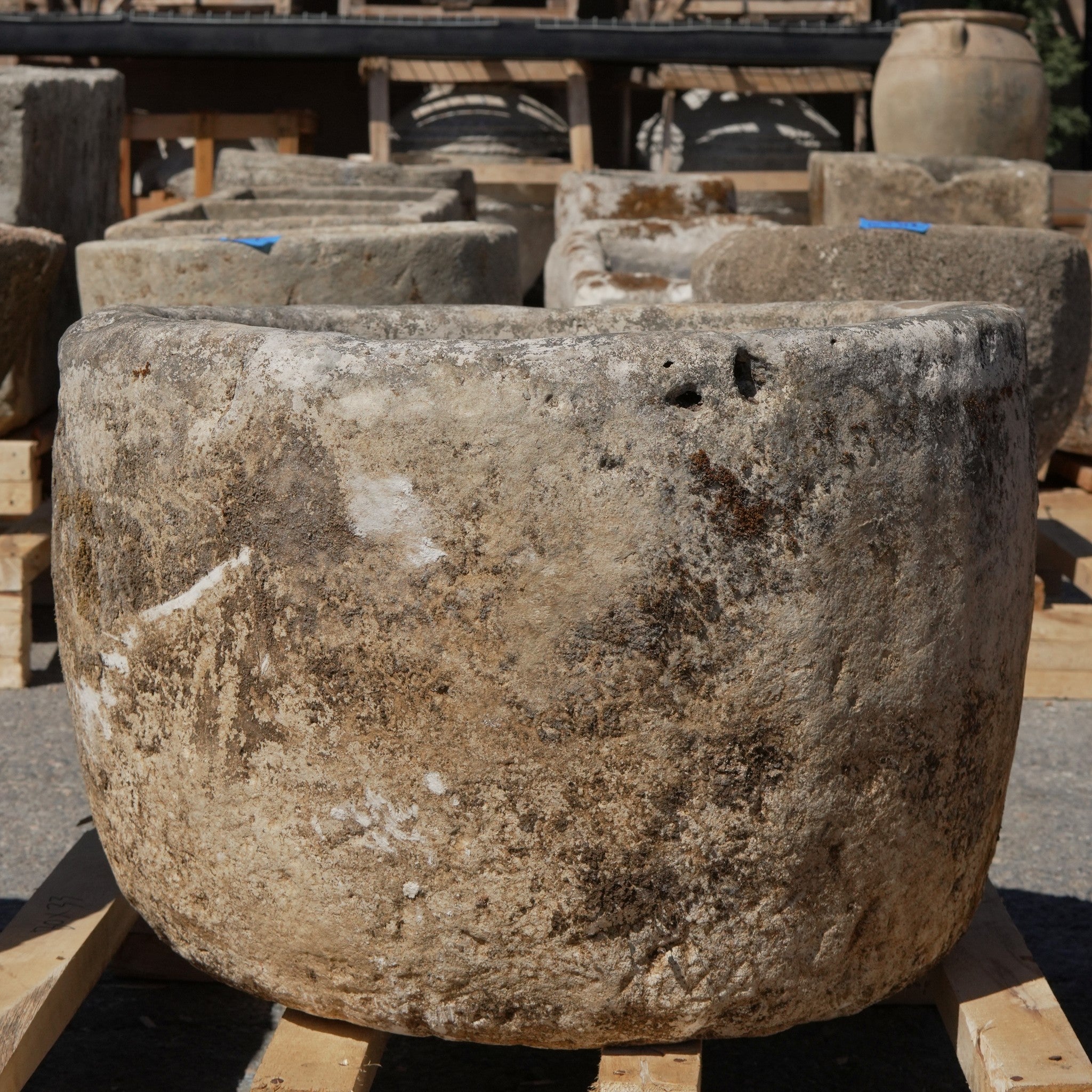 Antique Limestone Trough - 16" H x 25" R - Trouvaille Imports
