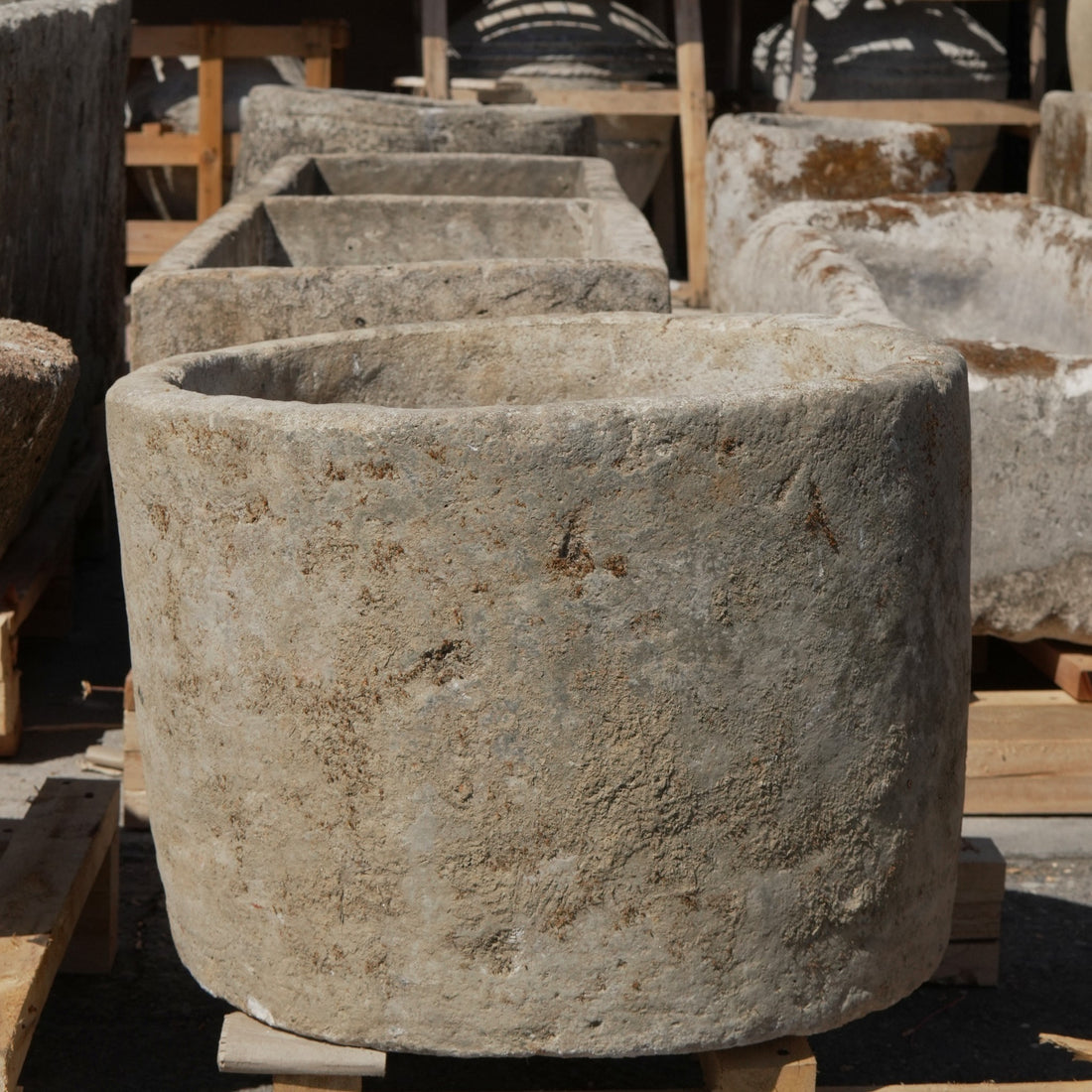 Antique Limestone Trough - 15" H x 22" R - Trouvaille Imports