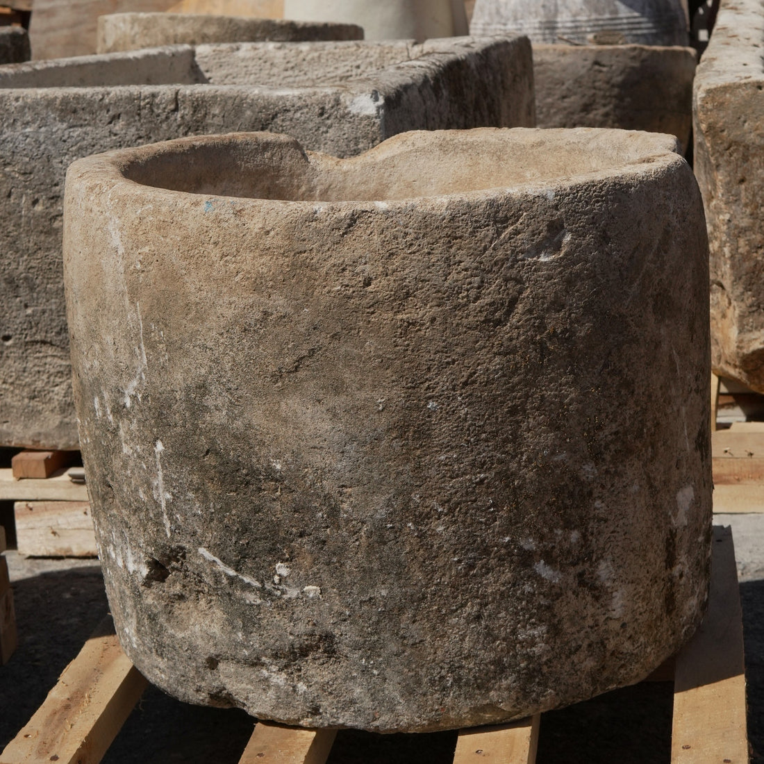 Antique Limestone Trough - 18" H x 21" R - Trouvaille Imports