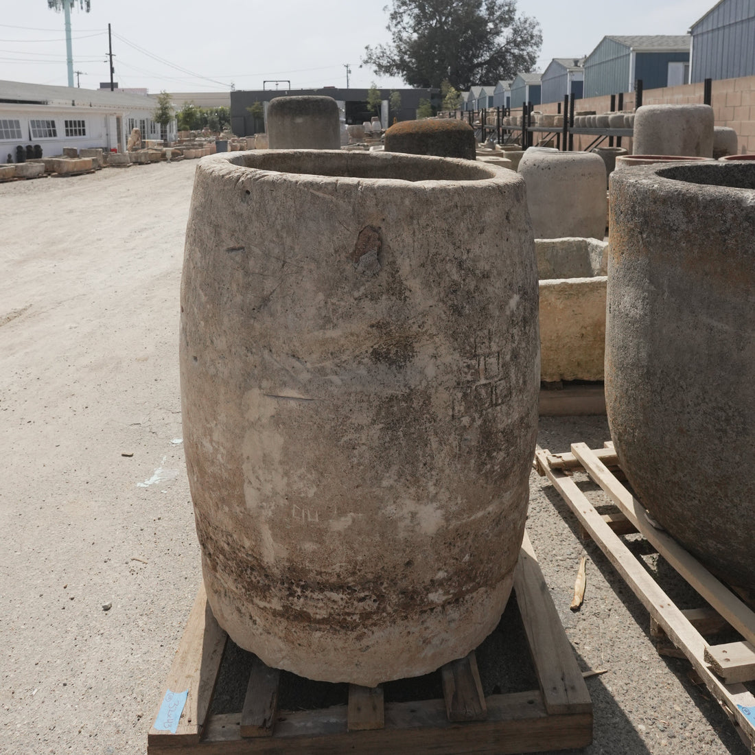 Large Antique Limestone Trough 32 Inches Round x 43 Inches Height - Trouvaille Imports