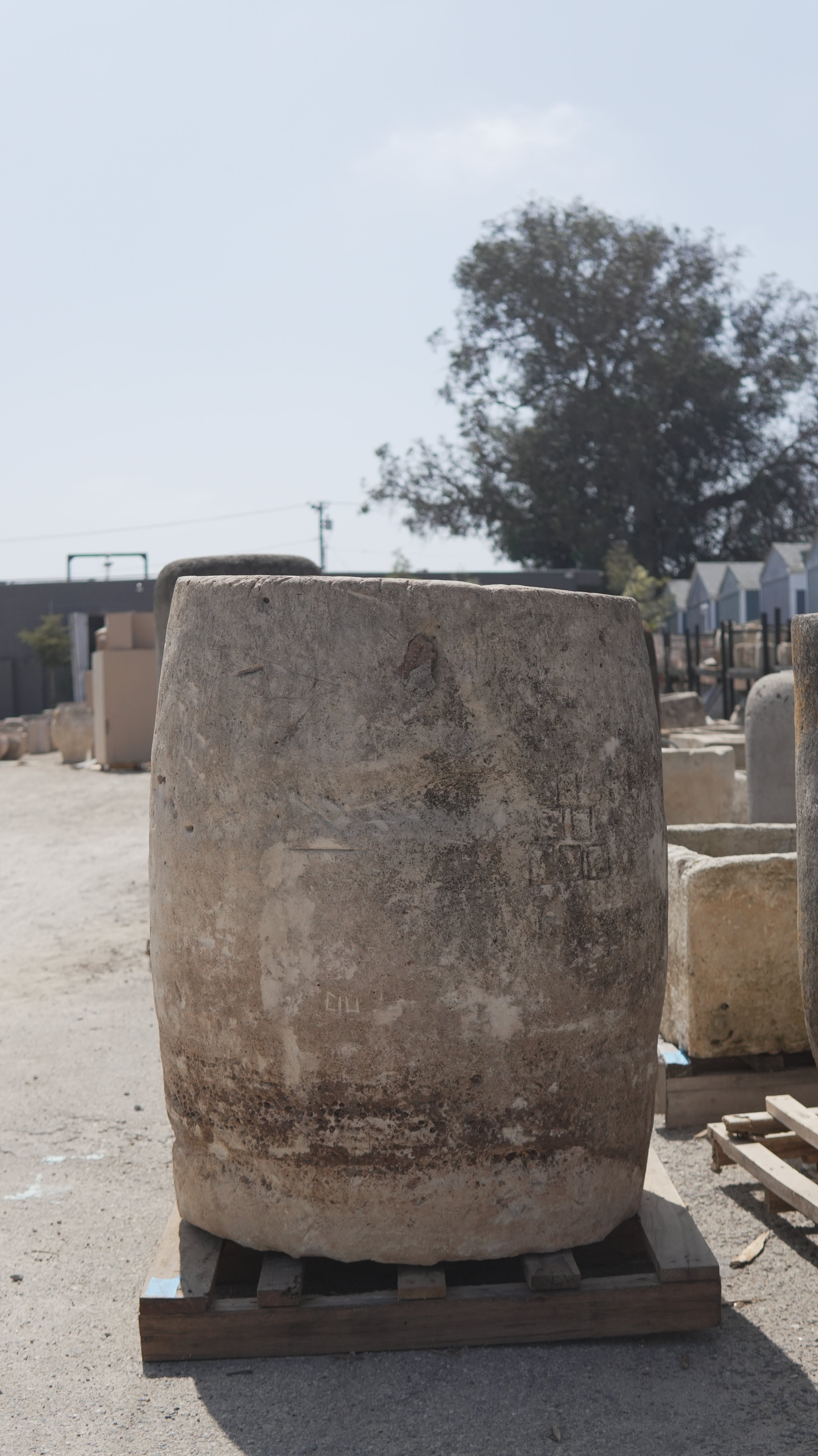 Large Antique Limestone Trough 32 Inches Round x 43 Inches Height - Trouvaille Imports