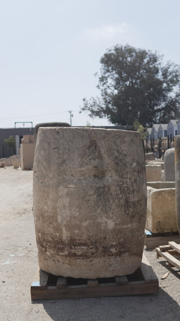 Large Antique Limestone Trough 32 Inches Round x 43 Inches Height - Trouvaille Imports