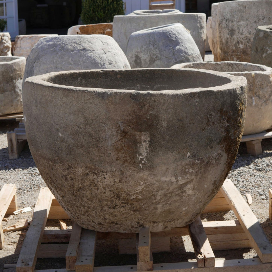 Antique Limestone Trough - 25" H x 35" R - Trouvaille Imports