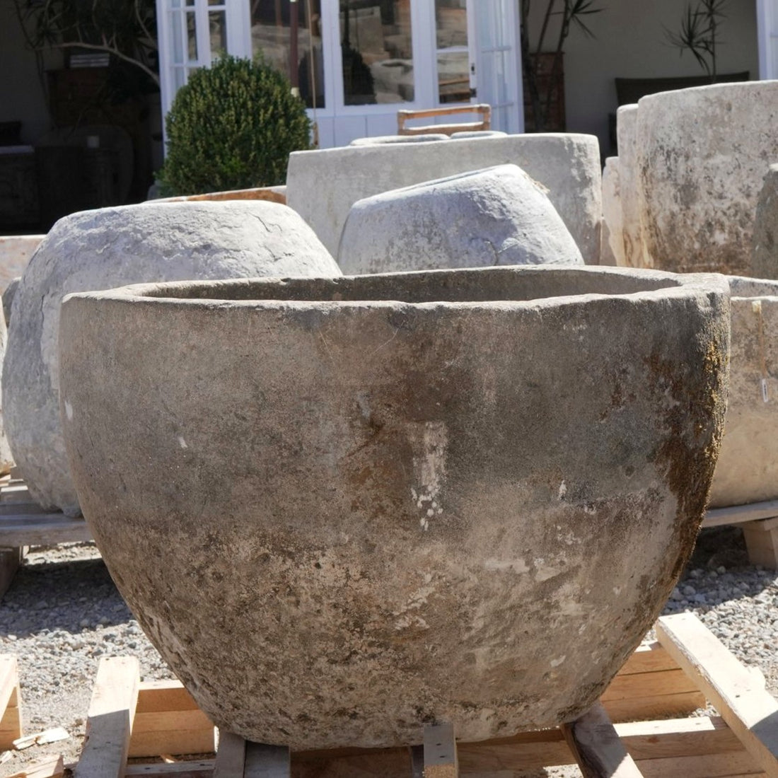 Antique Limestone Trough - 25" H x 35" R - Trouvaille Imports