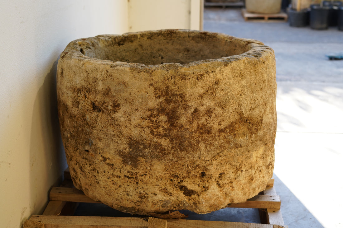 Side view of Antique Hand Carved Limestone Round Planter 34" D x 22" H with natural aging, patina and character in shaded indirect natural light.