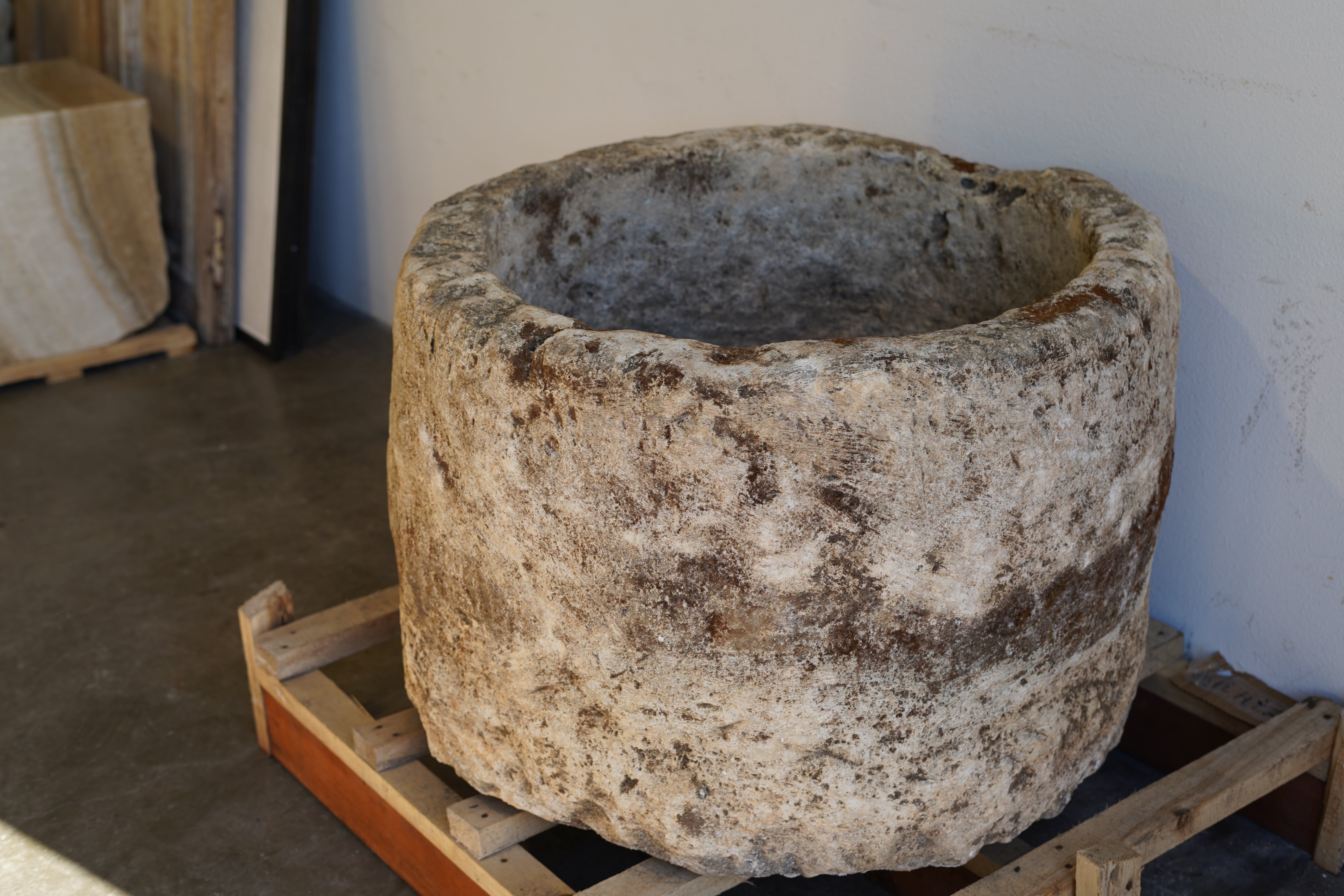 Antique Hand Carved Limestone Round Planter 34" D x 22" H with natural aging, patina and character in indoor lighting.
