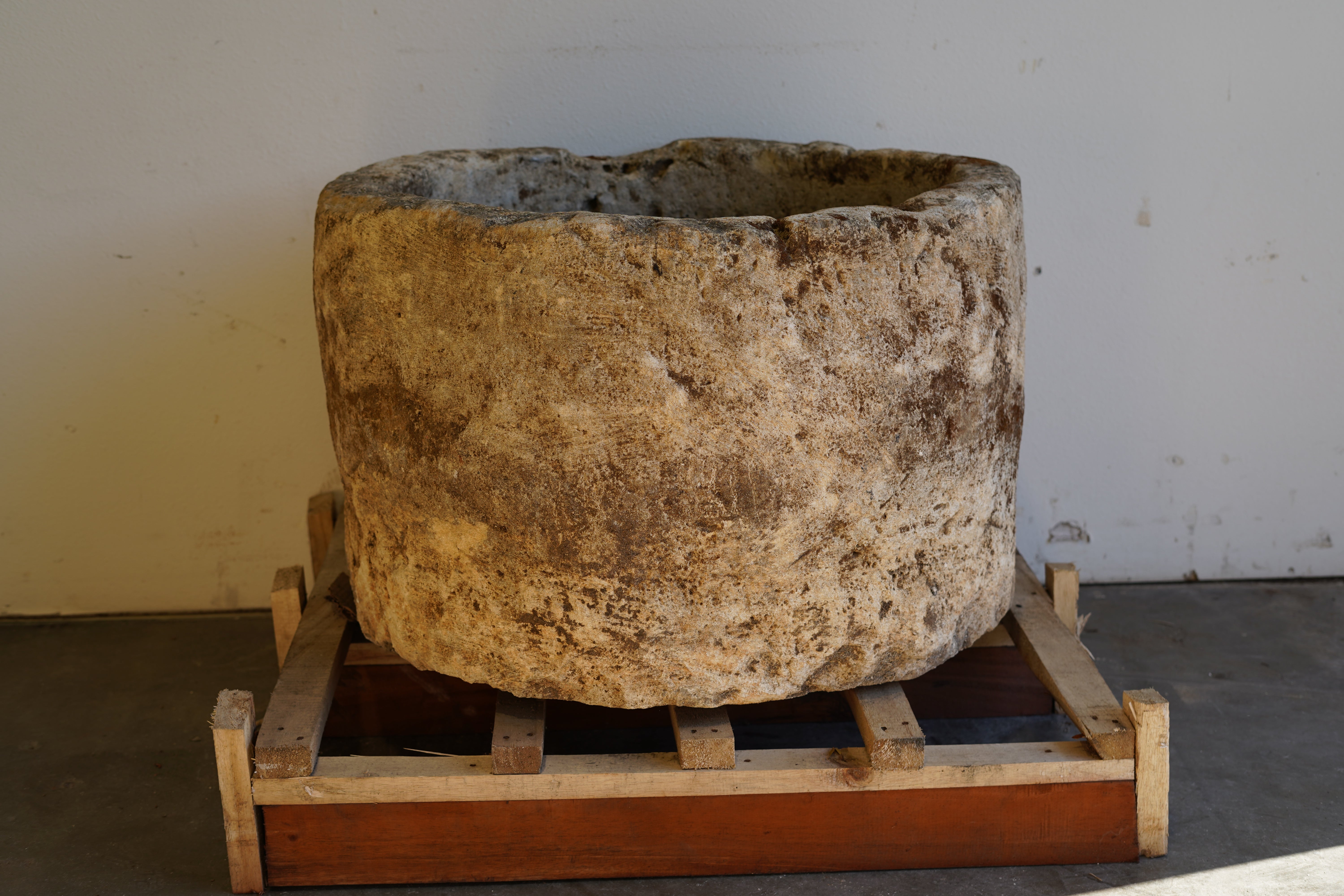 Antique Hand Carved Limestone Round Planter 34" D x 22" H with natural aging, patina and character.