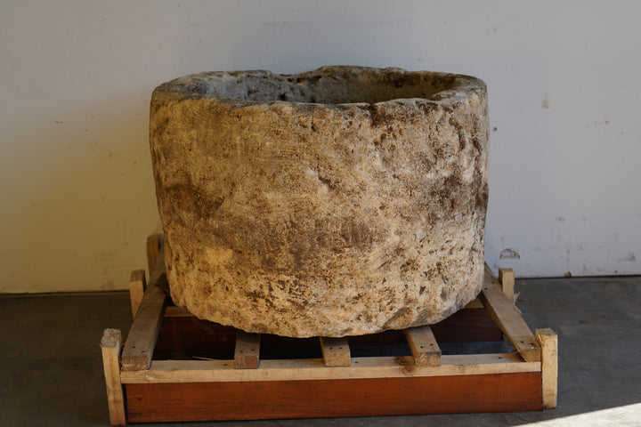 Antique Hand Carved Limestone Round Planter 34" D x 22" H with natural aging, patina and character.