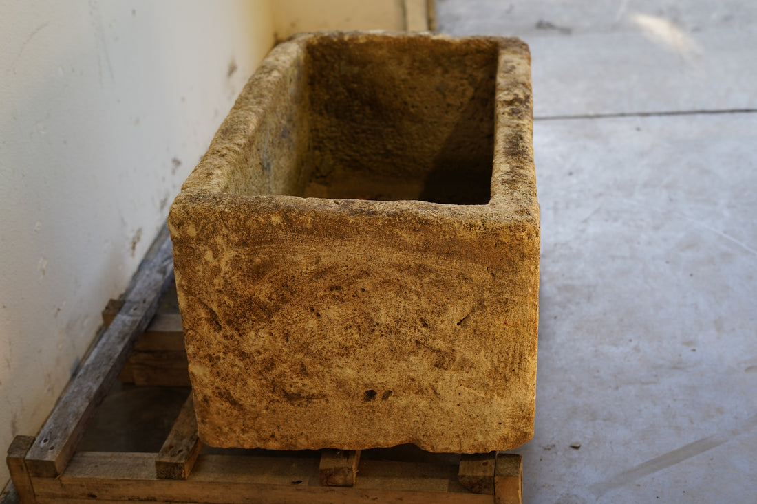 Outdoor antique planter in natural limestone – rectangular garden feature handpicked from Indonesia.
