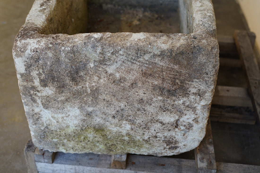 Vintage rectangular outdoor planter made from Indonesian limestone – perfect for fire pit bases, fountains or large greenery.