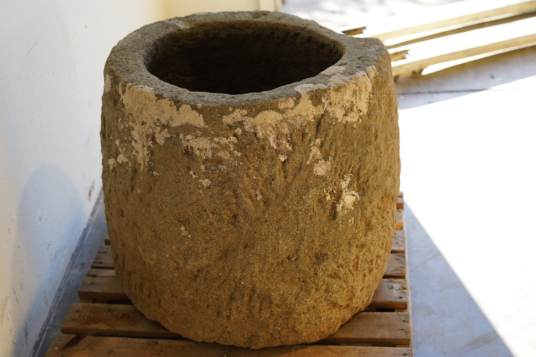 Tall Round Authentic Limestone Planter 25" D x 24" H showing natural aging, imperfections and vintage qualities.