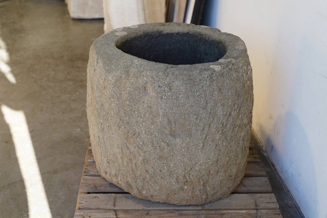 Tall Round Authentic Limestone Planter 25" D x 24" H.