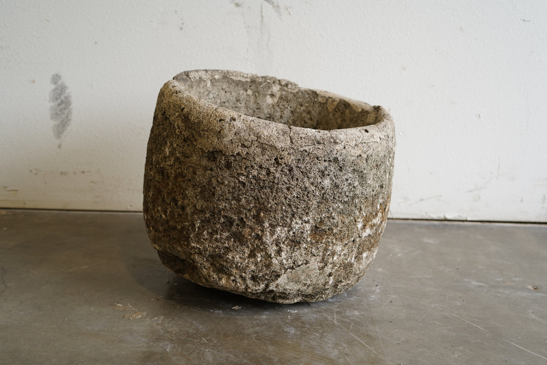 Vintage Round Authentic Hand-Carved Limestone Planter&nbsp;