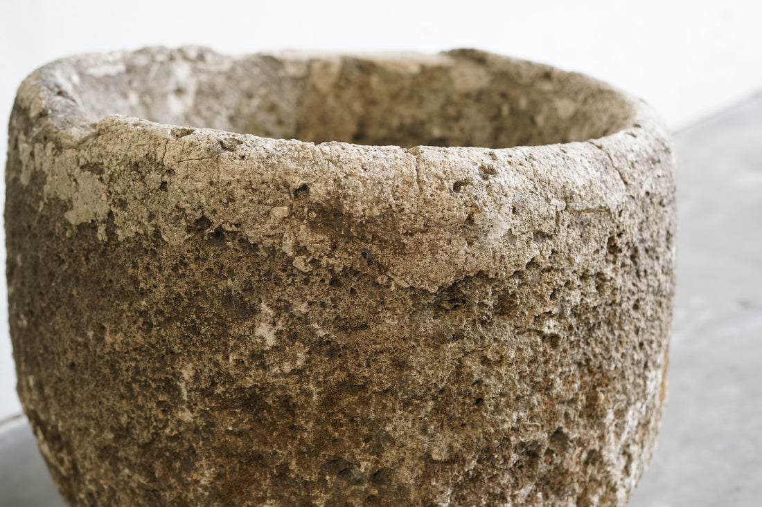 Close up view of Vintage Round Authentic Hand-Carved Limestone Planter&nbsp;