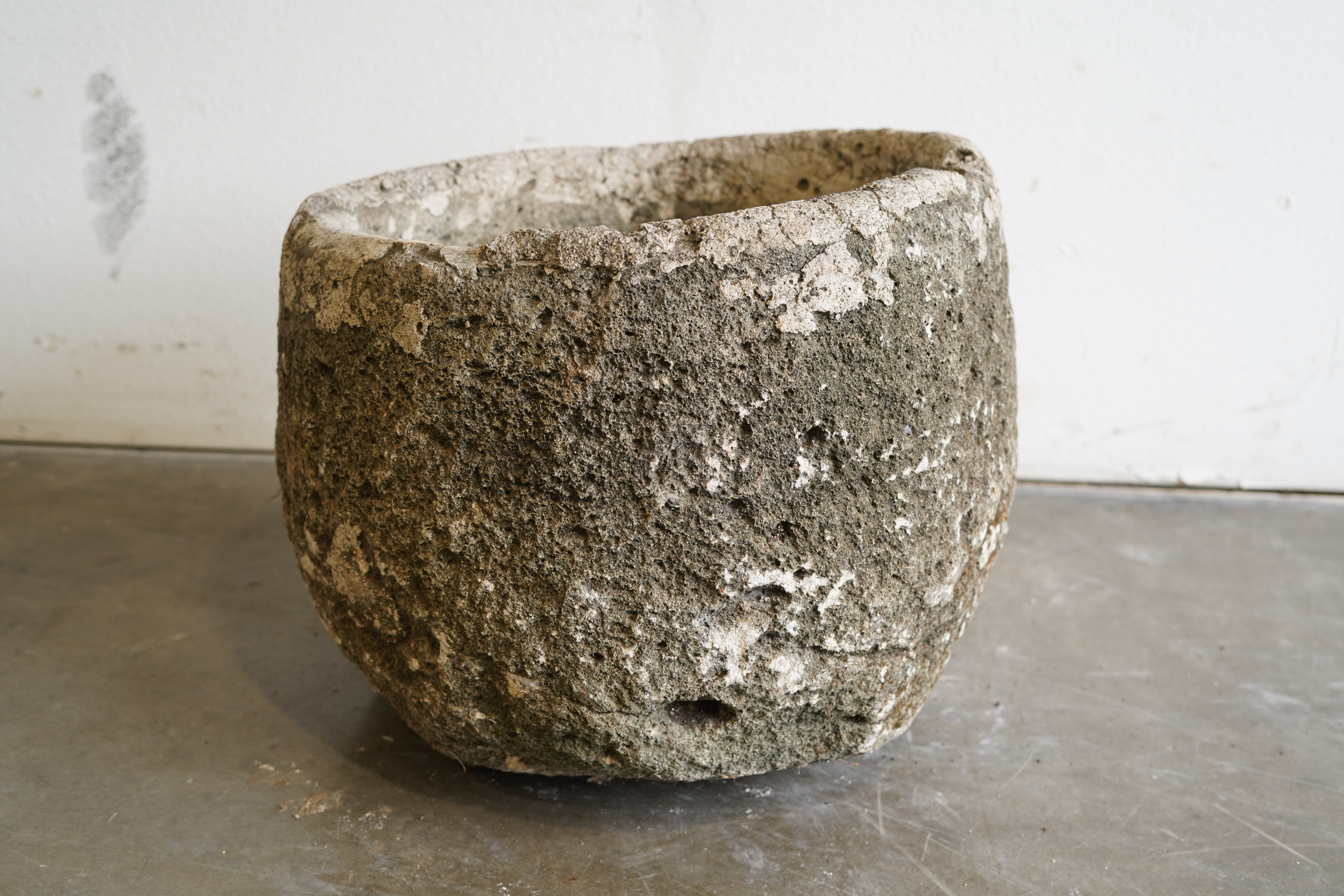 alternate side of Vintage Round Authentic Hand-Carved Limestone Planter&nbsp;