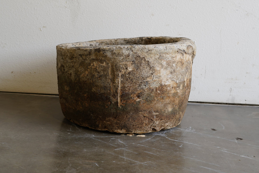 Vintage Round Hand-Carved Limestone Vessel, planter. Can be converted into fountain or fire pit. Dimensions: 23" Diameter by 14" H