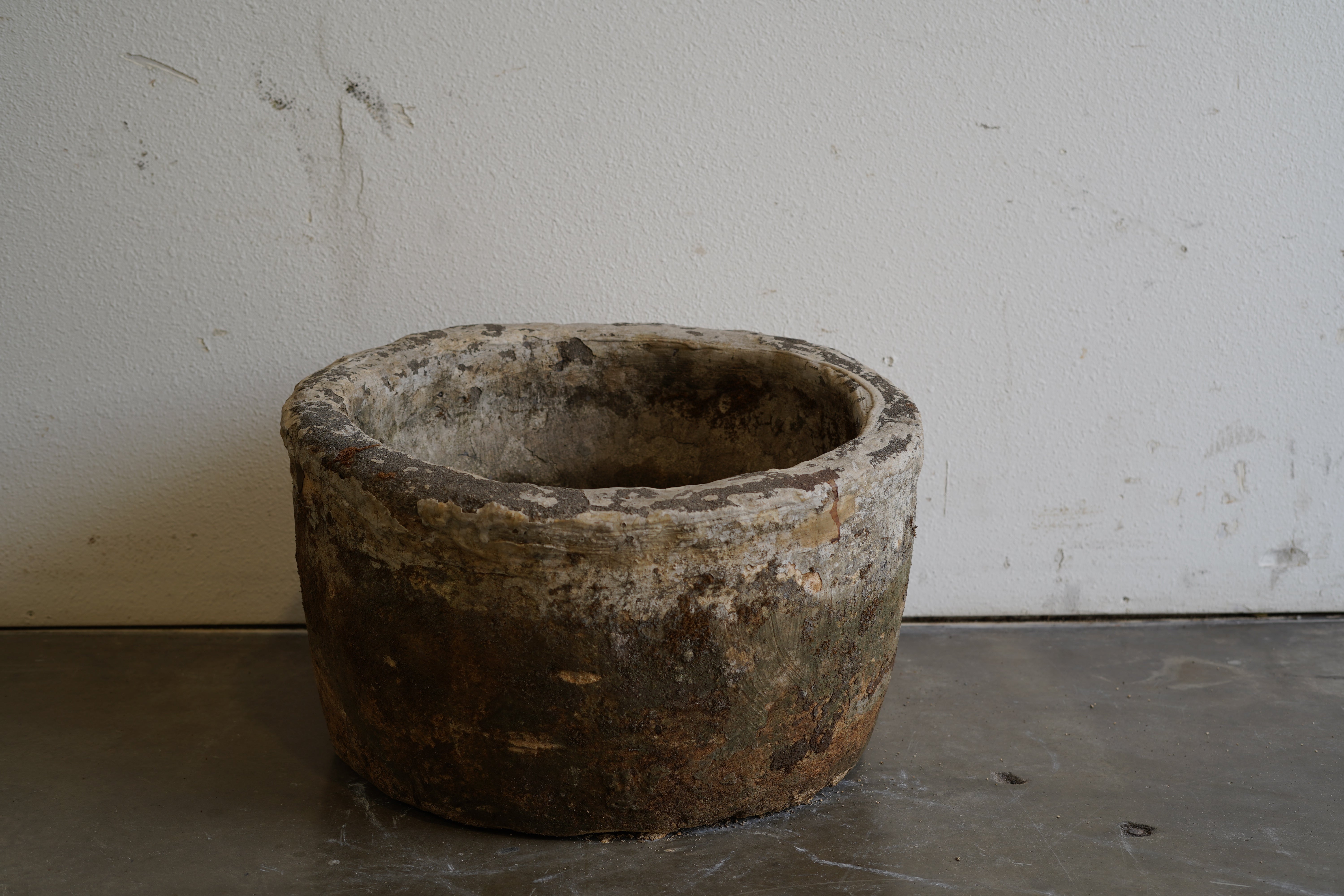 Vintage Round Hand-Carved Limestone Vessel, planter. Can be converted into fountain or fire pit. Dimensions: 23" Diameter by 14" H