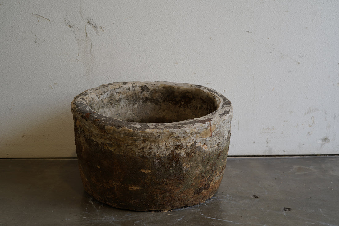 Vintage Round Hand-Carved Limestone Vessel, planter. Can be converted into fountain or fire pit. Dimensions: 23" Diameter by 14" H