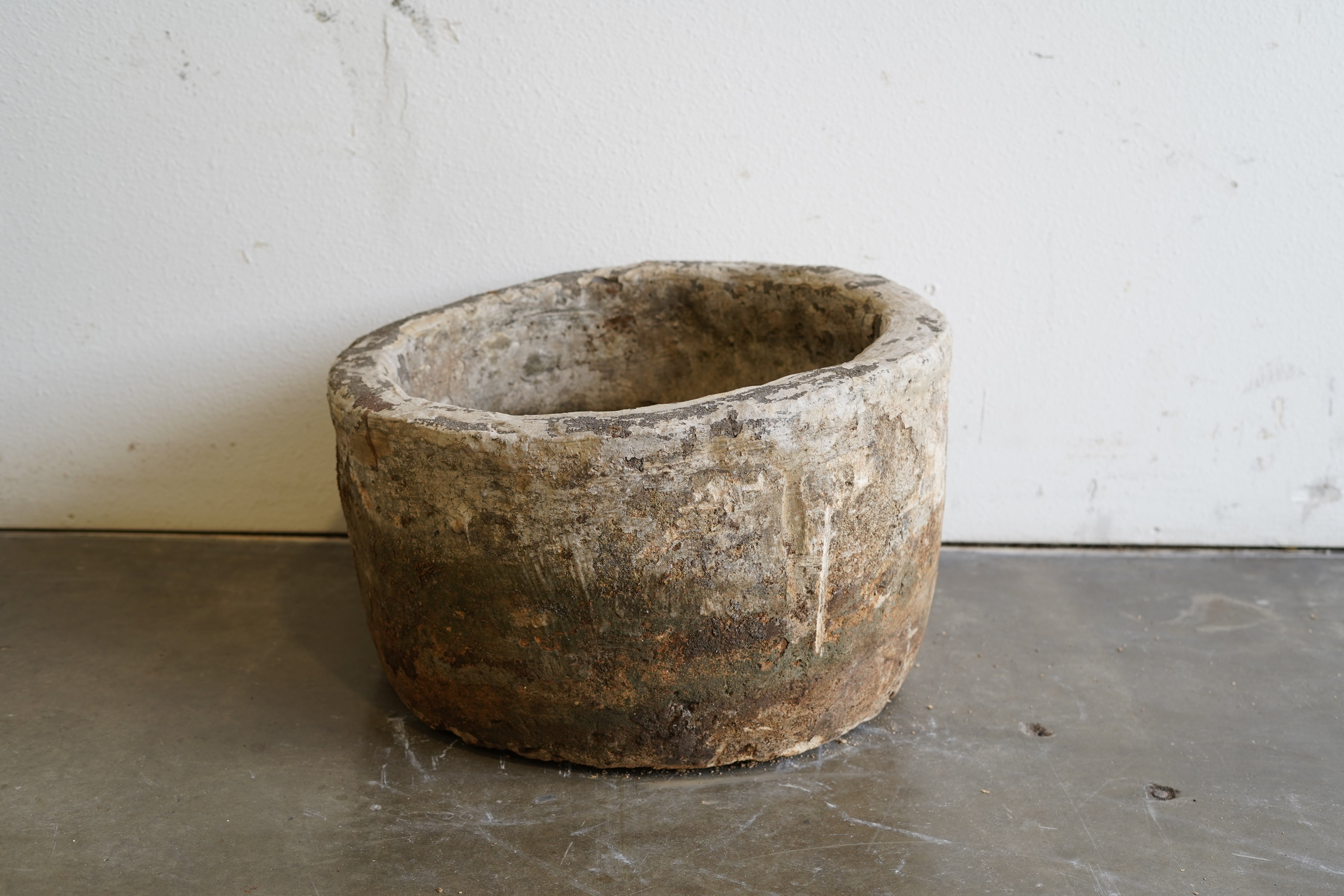 Alt View of Vintage Round Hand-Carved Limestone Vessel, planter. Can be converted into fountain or fire pit. Dimensions: 23" Diameter by 14" H