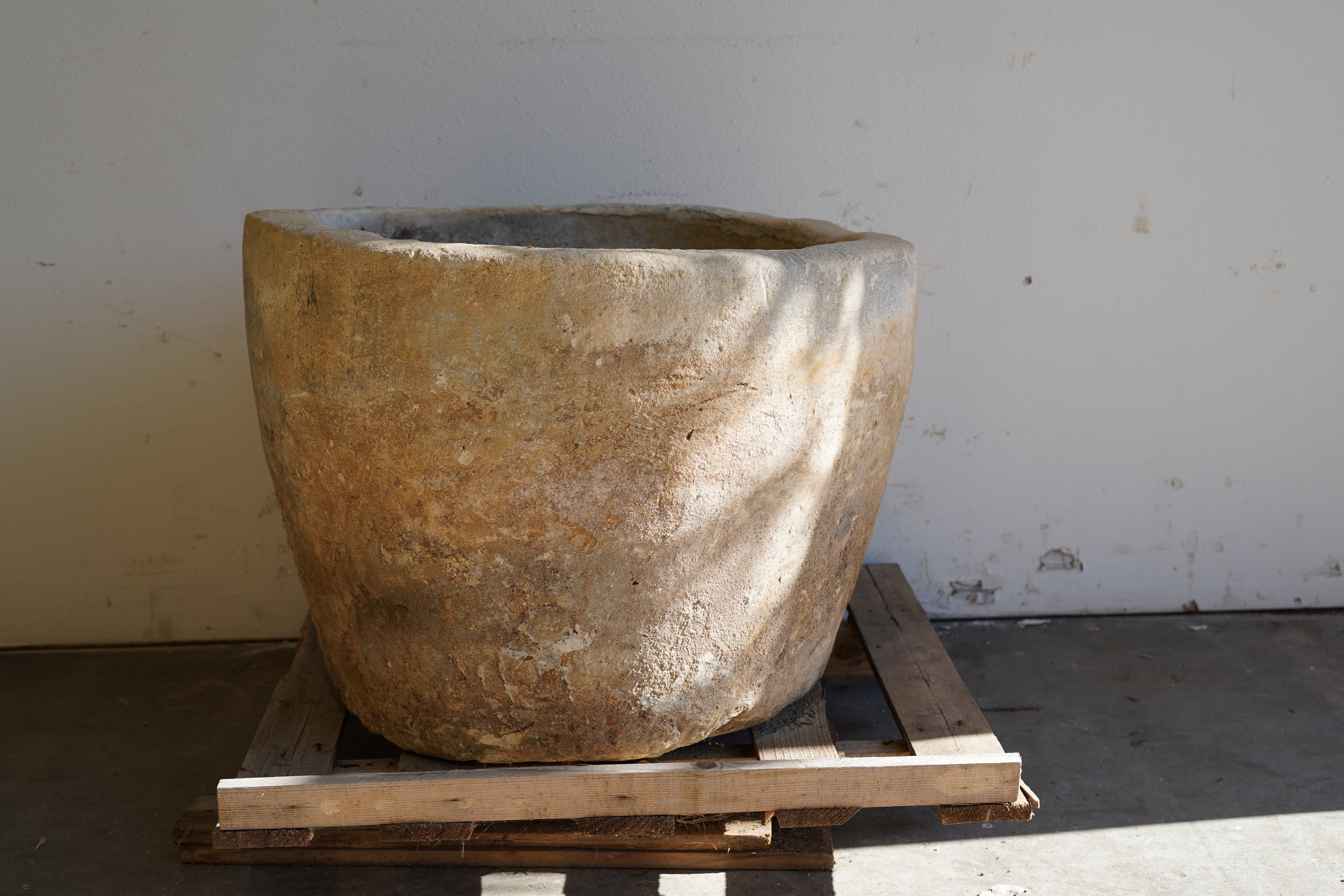 Vintage Limestone Planter - Round. Dimensions: 23" H x 30" D
