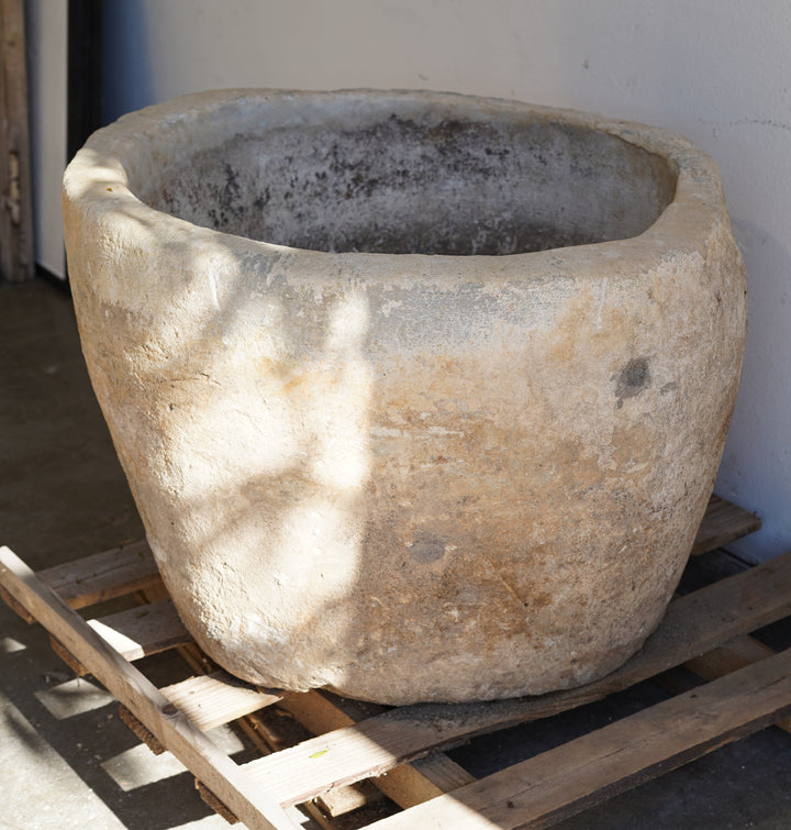Vintage Limestone Planter - Round. Dimensions: 23" H x 30" D